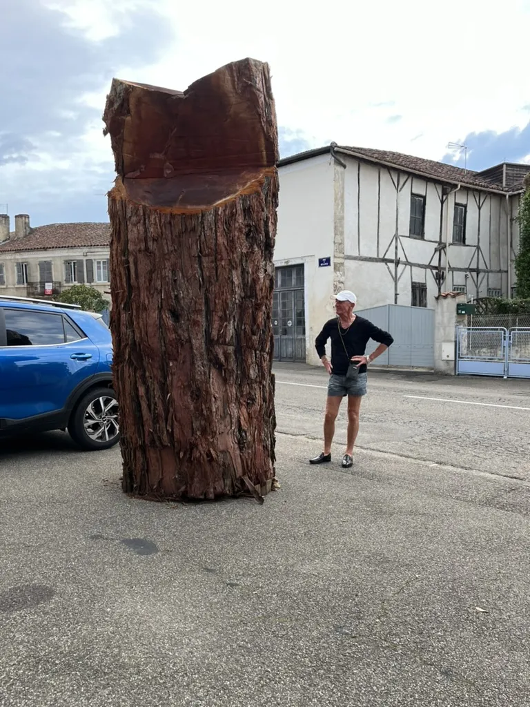 The sculpture in front of "Ô pêcheur de lune" gallery, Saint Seve, exhibition "Les heureux ensembliers" in 2024